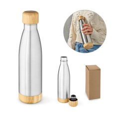 Garrafa em aço inox 90% reciclado de parede dupla térmica, isolada a vácuo com tampa em bambu 550 mL com logotipo