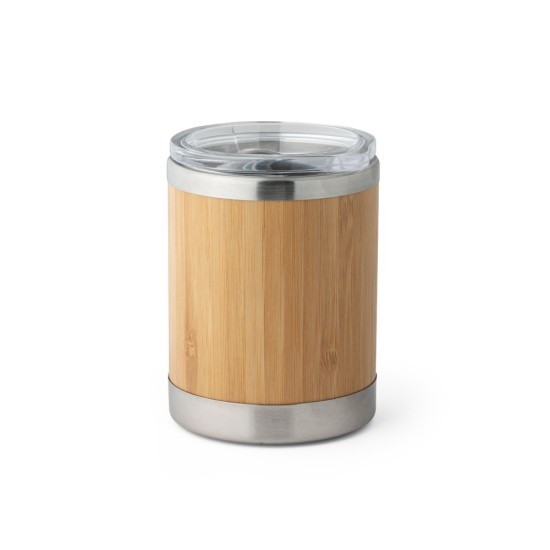 Copo de viagem em aço inox e bambu, térmico com parede dupla isolada a ar e tampa AS com fecho deslizante 350 mL Personalizado