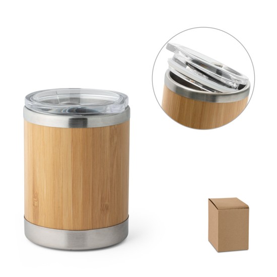 Copo de viagem em aço inox e bambu, térmico com parede dupla isolada a ar e tampa AS com fecho deslizante 350 mL Personalizado