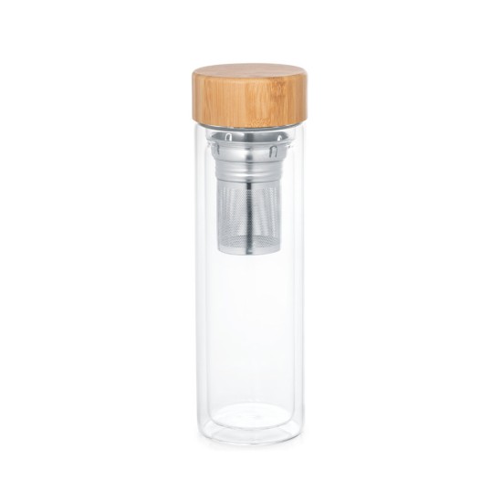 Garrafa em vidro borossilicato de parede dupla térmica, isolada a ar, com tampa em bambu e 2 infusores 490 mL Personalizada