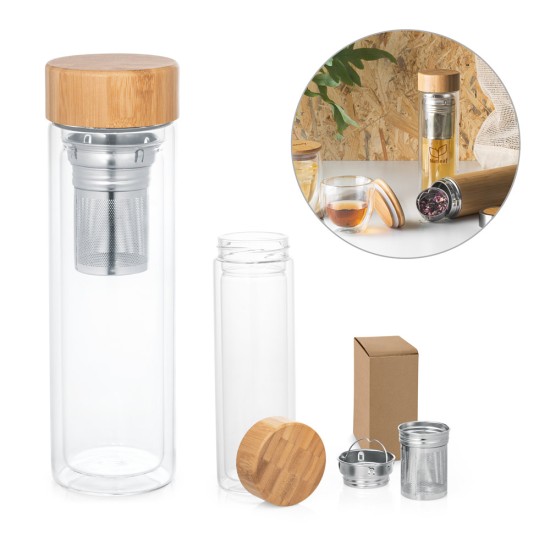Garrafa em vidro borossilicato de parede dupla térmica, isolada a ar, com tampa em bambu e 2 infusores 490 mL Personalizada