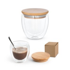 Copo em vidro isotérmico (borossilicato), térmico com parede dupla isolada a ar e tampa de bambu 250 mL Personalizado