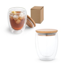 Copo em vidro isotérmico (borossilicato), térmico com parede dupla isolada a ar e tampa em bambu 350 mL Personalizado