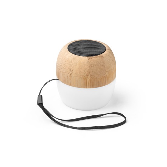 Caixa de som portátil em bambu e PP com microfone e autonomia de 2h Personalizada