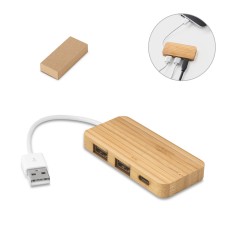 Hub em bambu com 2 portas que permite a transferência de dados com logotipo