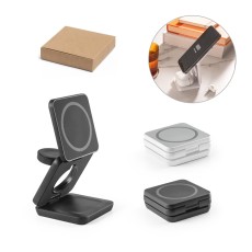 Carregador magnético por indução (wireless) super-rápido dobrável em ABS 100% reciclado que permite carregar três dispositivos simultaneamente Personalizado
