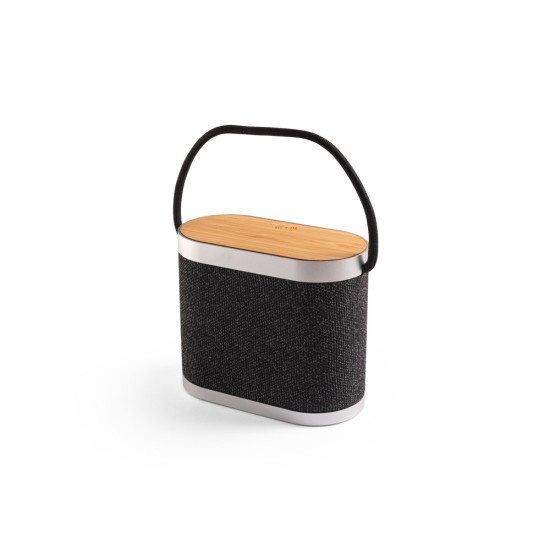 Caixa de som de 15W com carregador wireless super-rápido 15W e 2h de autonomia em bambu e PET 100% reciclado Personalizada