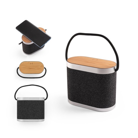 Caixa de som de 15W com carregador wireless super-rápido 15W e 2h de autonomia em bambu e PET 100% reciclado Personalizada